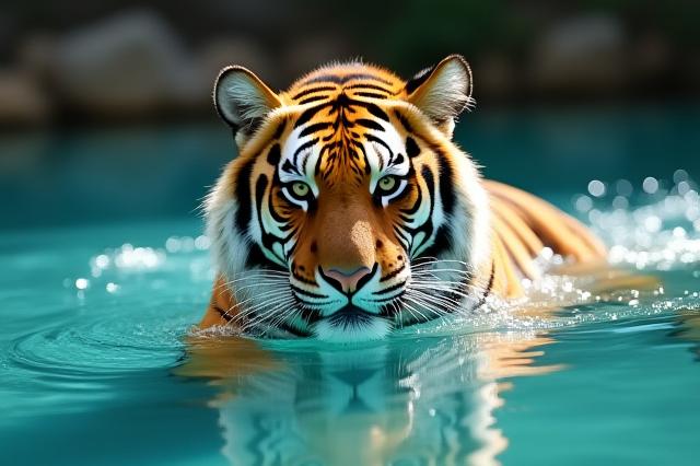 पानी में तैरता बाघ