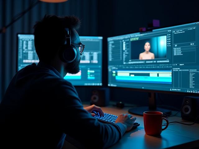 दो मॉनिटर पर वीडियो संपादन सॉफ्टवेयर दिखा रहा एक रचनात्मक संपादक